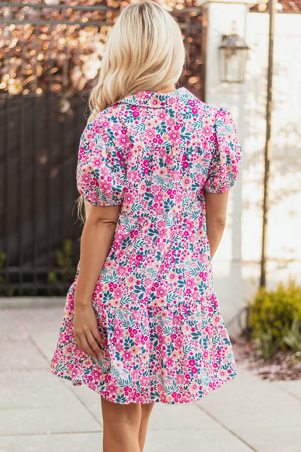 Floral Buttoned Collar Short Sleeve Mini Dress