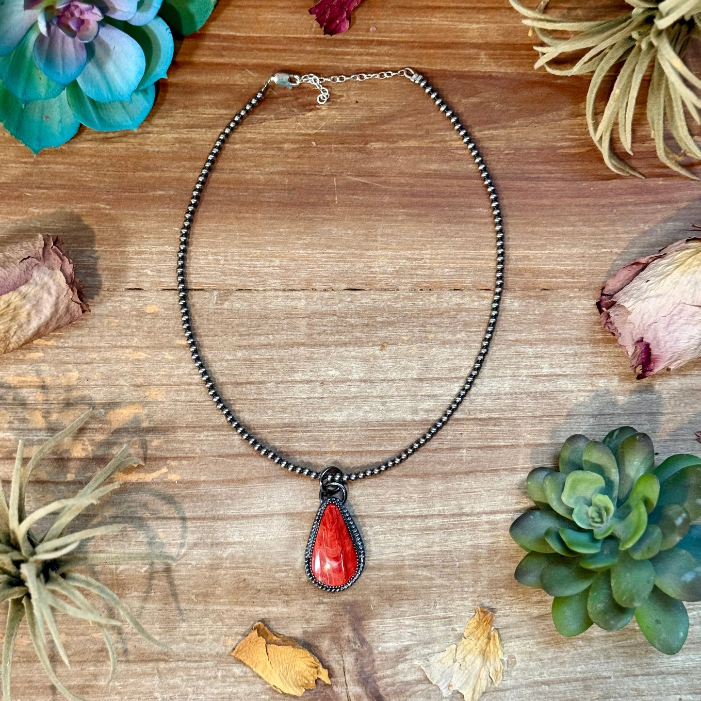 ***FREE Sterling Silver Pearl Necklace + MJ Red Spiny Oyster Teardrop Charm