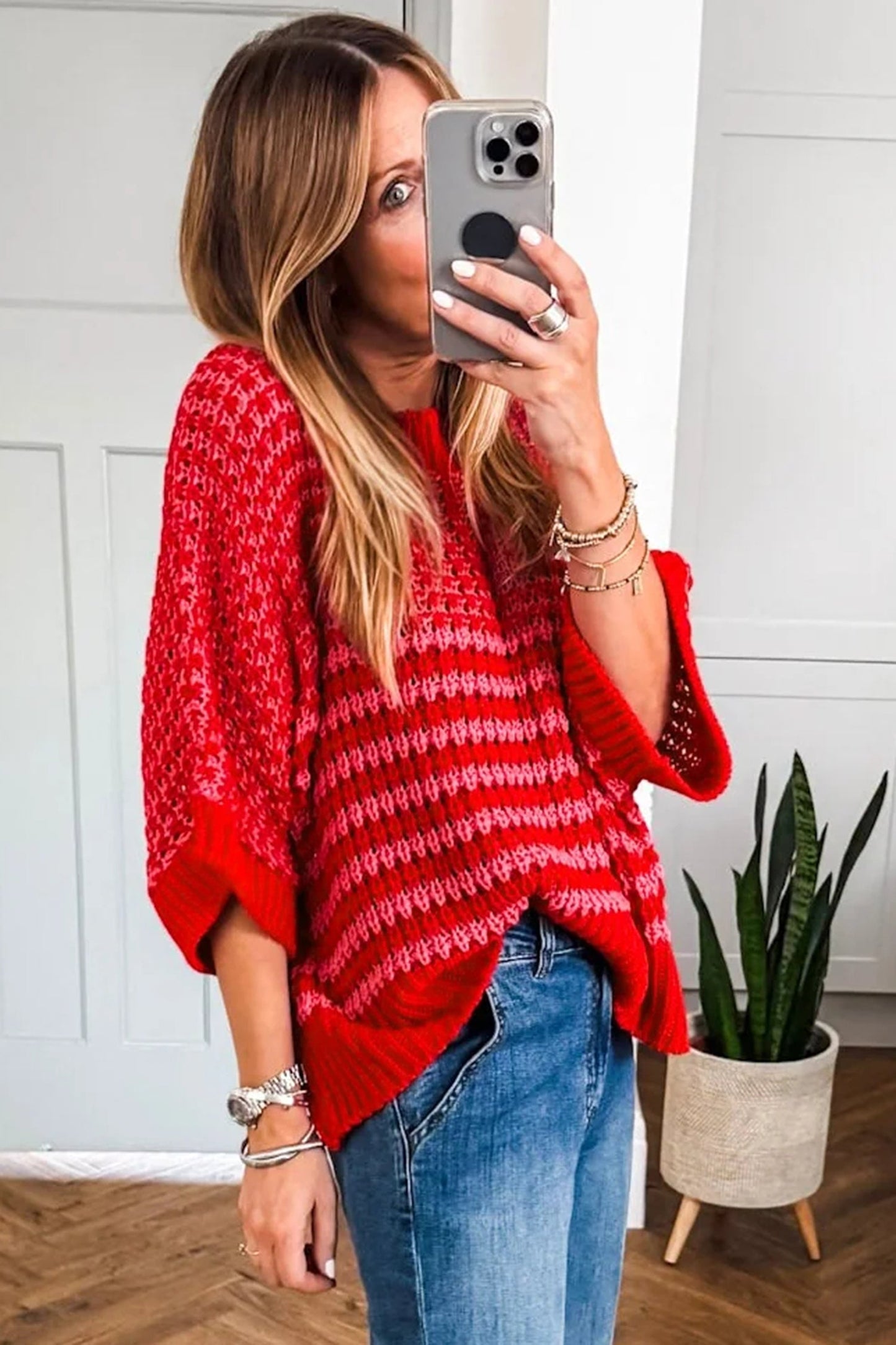 Stripe Draped 3/4 Sleeve Slouchy Sweater