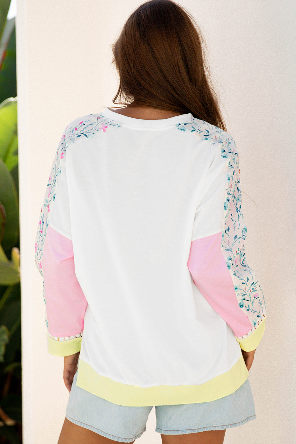 Floral Colorblock Patchwork Chest Pocket Long Sleeve Top