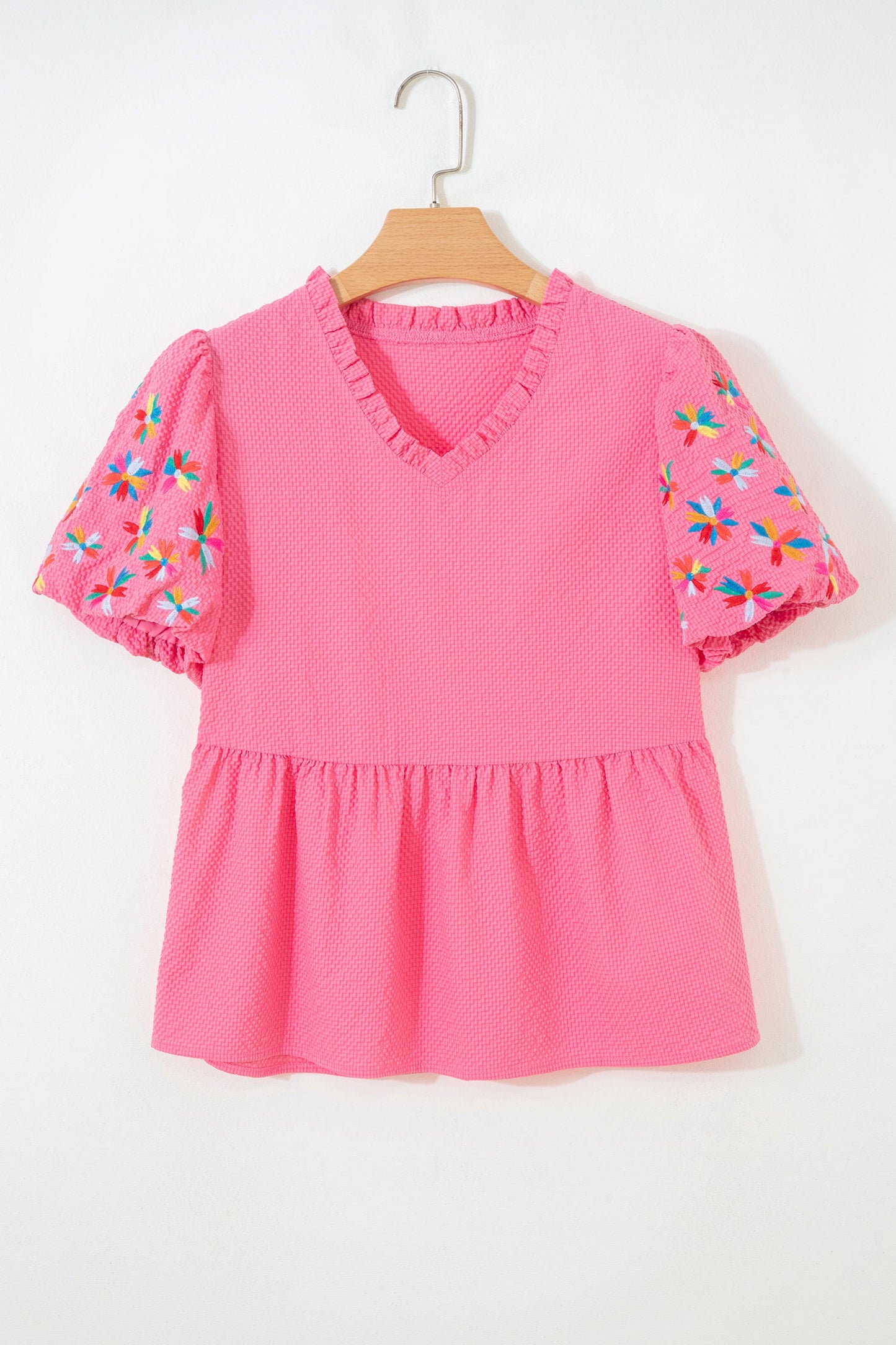 Flower Embroidered Puff Sleeve Frilled V-Neck Blouse