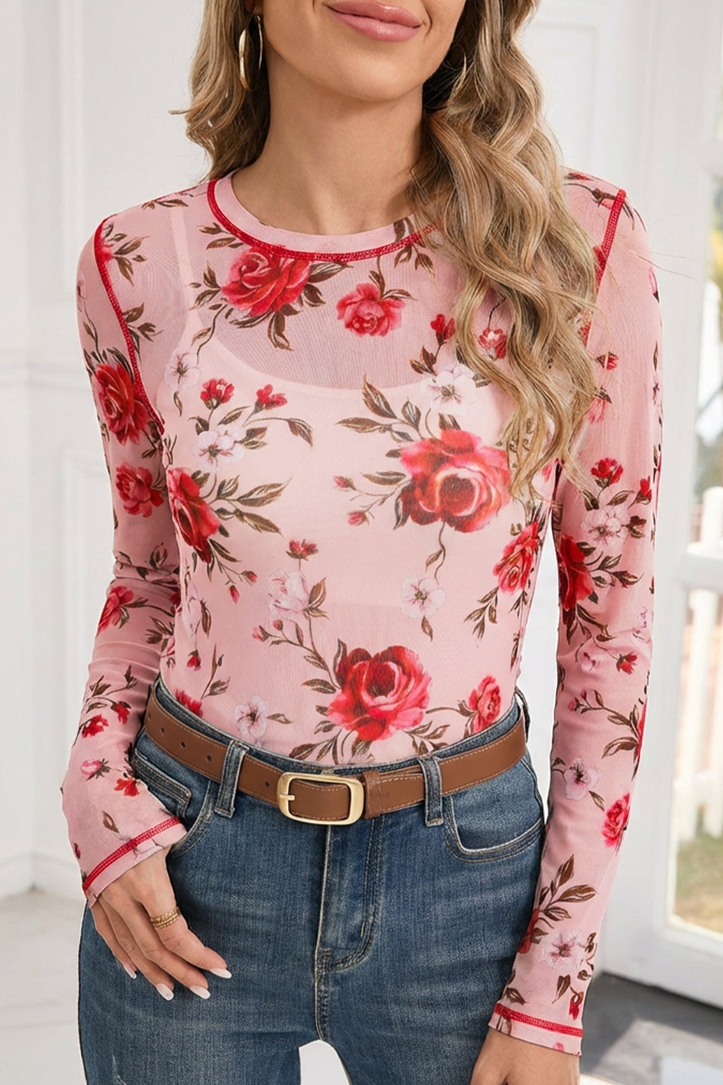 Pink Floral Print Exposed Seam Detail Mesh Long Sleeve Top
