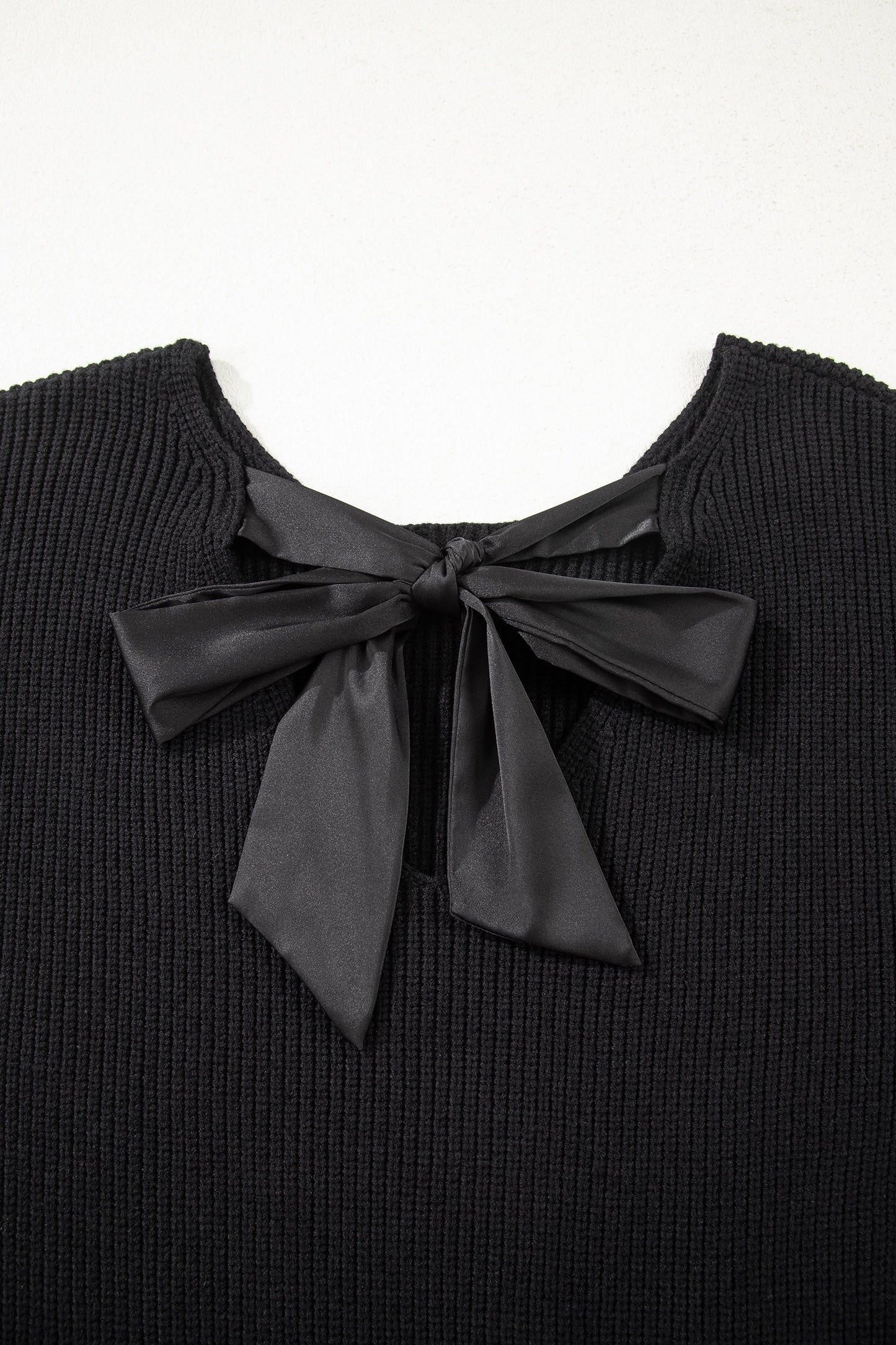 Ribbon Knot Backless Drop Shoulder Ribbed Sweater