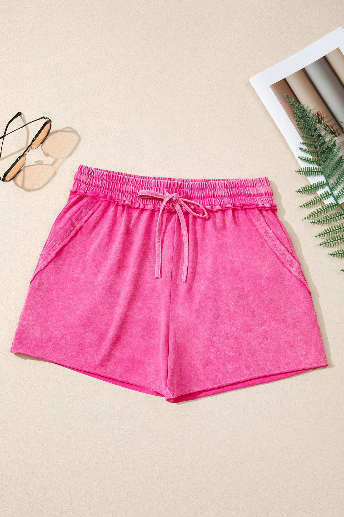 Mineral Wash Drawstring Elastic Waist Raw Edge Shorts