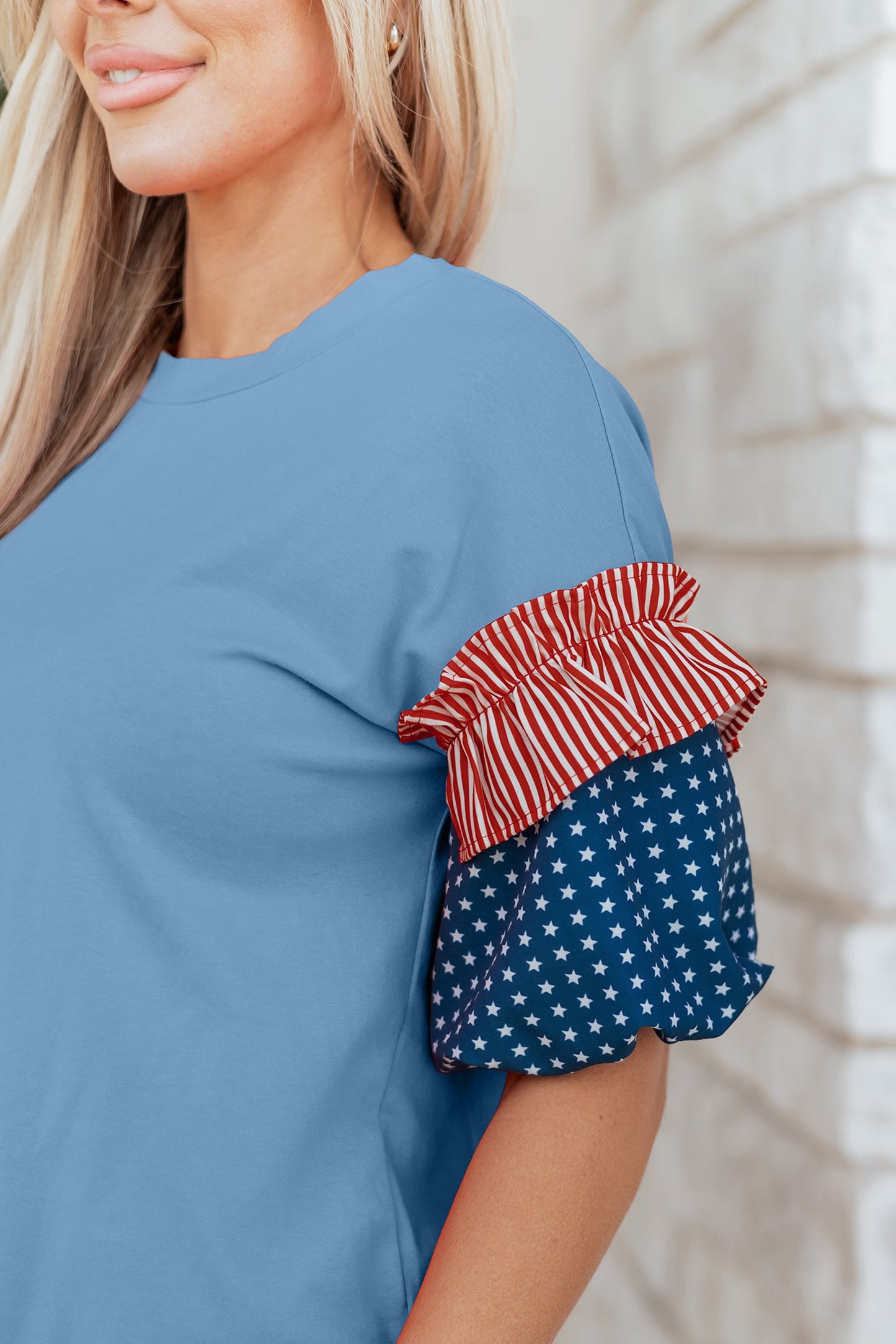 Stars & Stripe Patchwork Short Puff Sleeve Top
