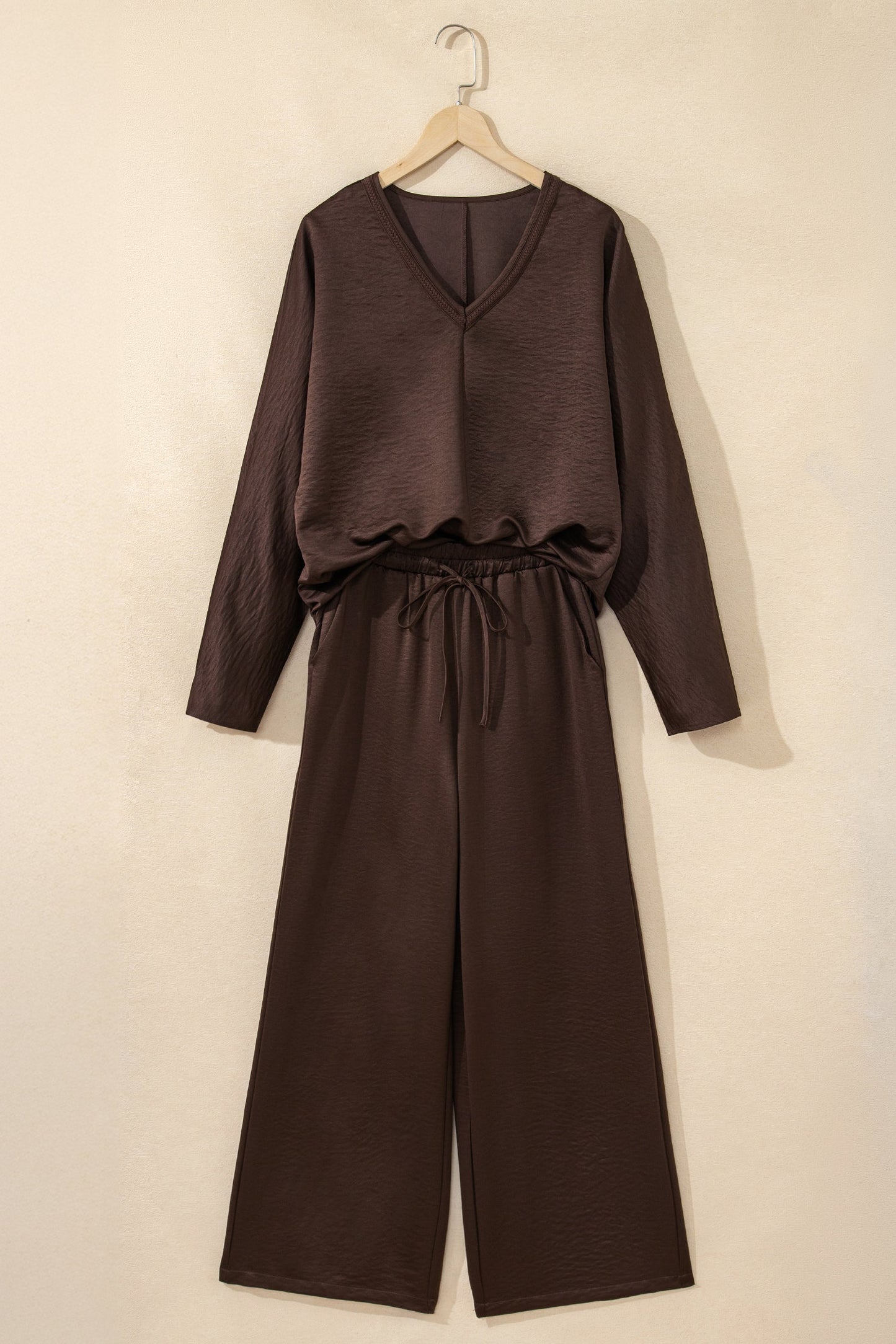 Solid Braided V-Neck Long Sleeve Top & Pants Set