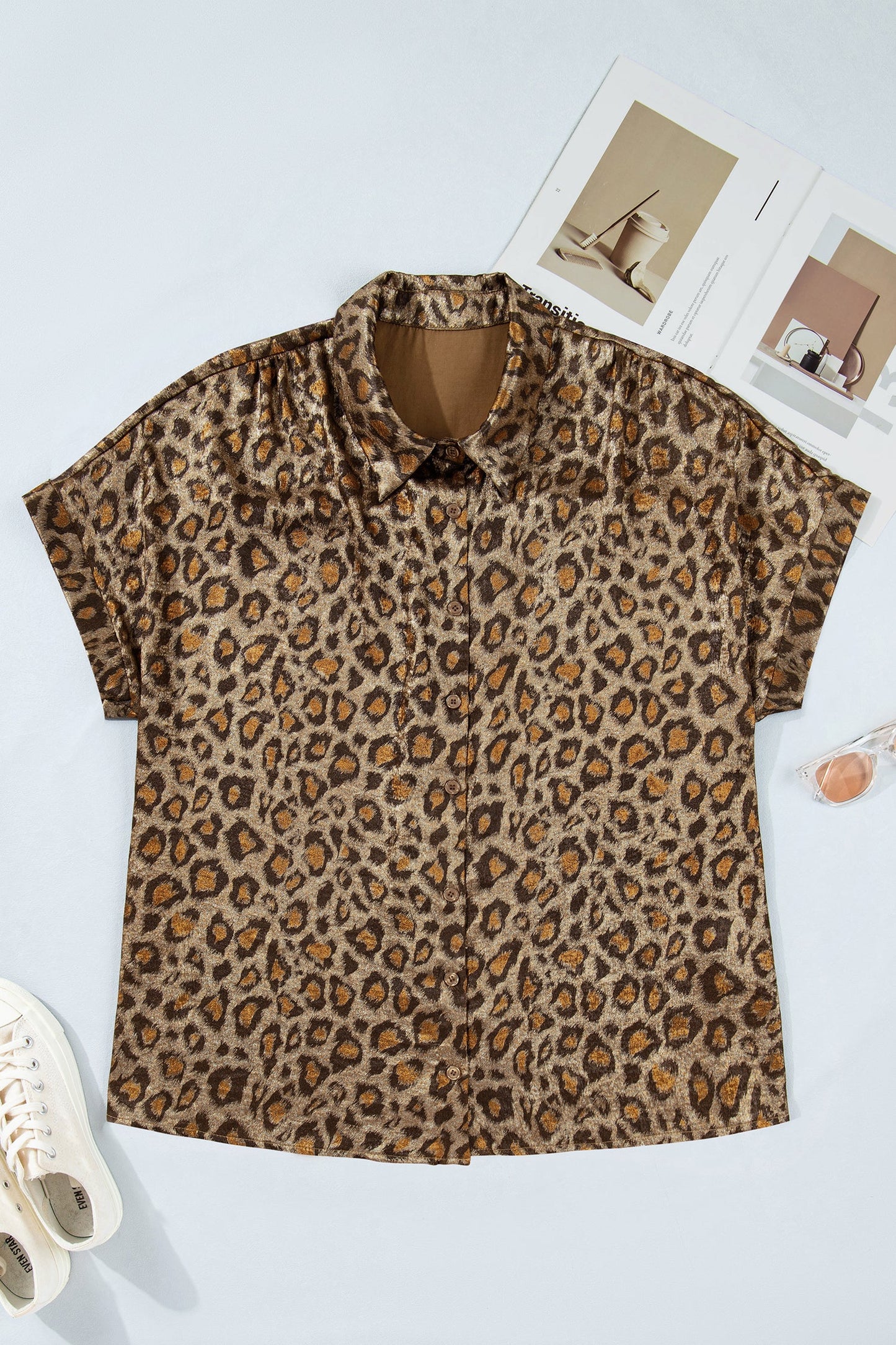 Plus Size Leopard Dolman Sleeve Buttoned Shirt