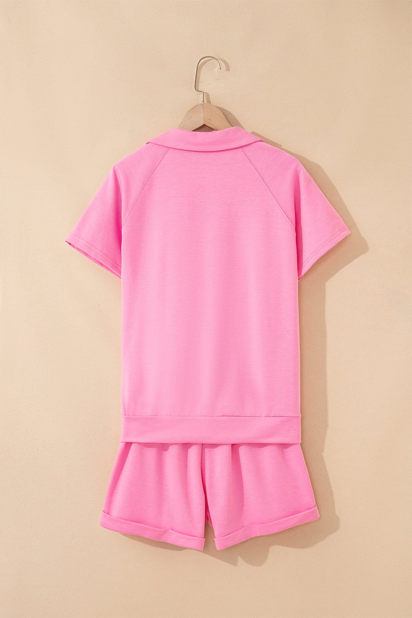 Solid Collared V-Neck Tee & Drawstring Shorts Set