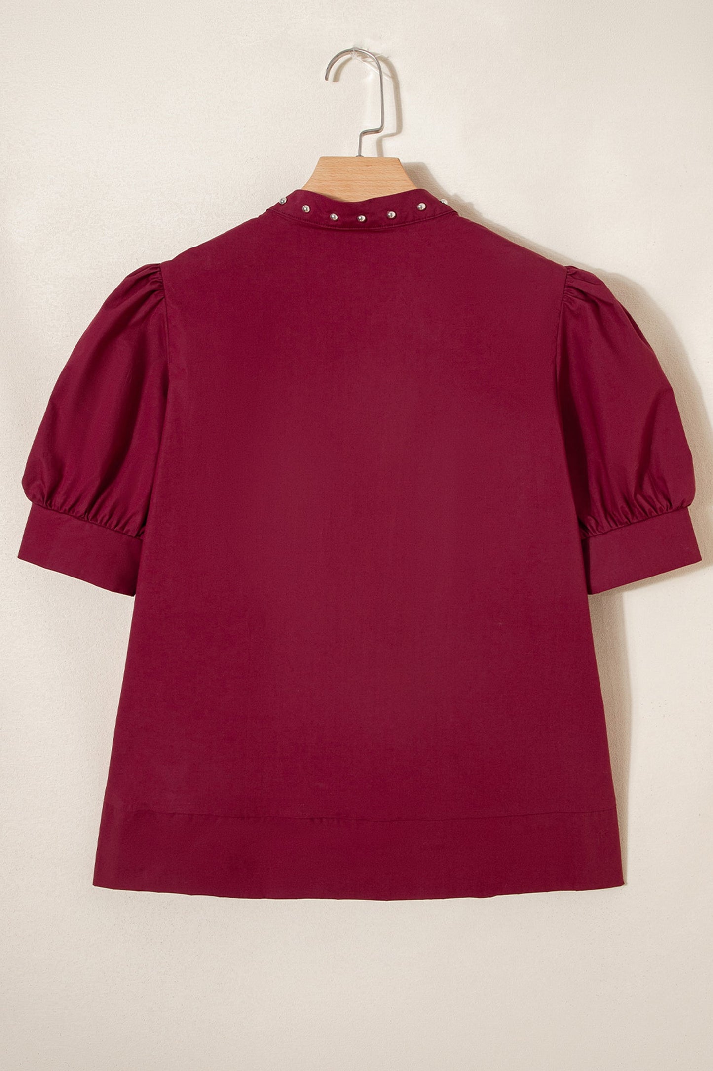 Rivet Embellished V-Neck Short Puff Sleeve Blouse