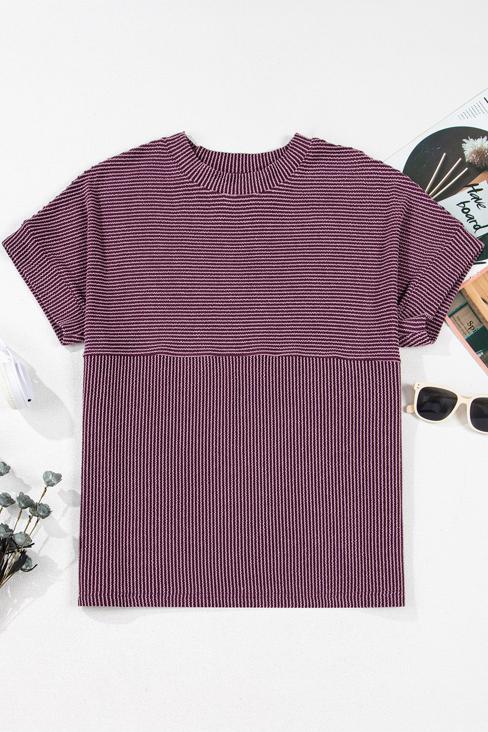 Plain Corded Knit Mock Neck T-Shirt