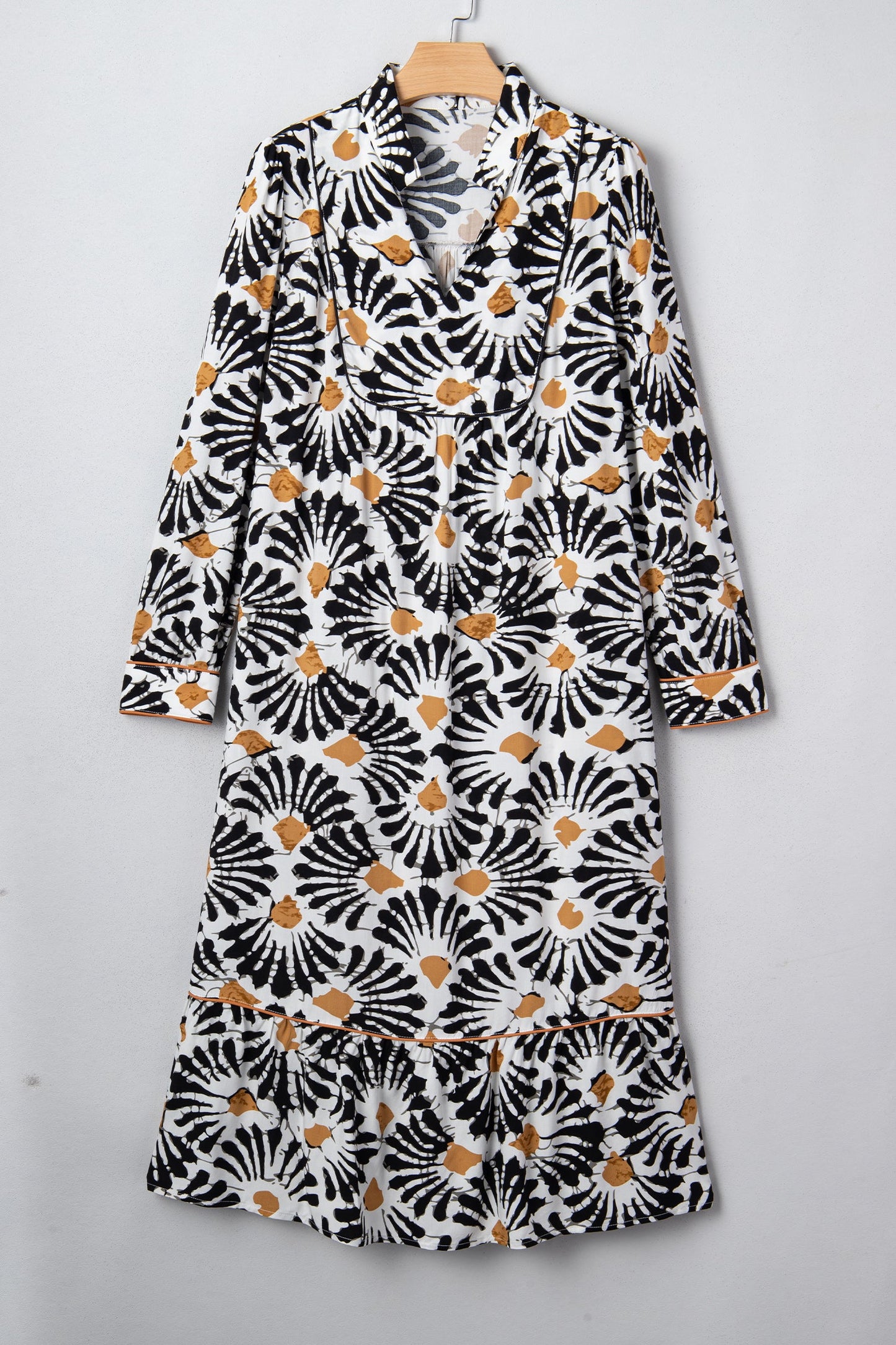Abstract Floral V-Neck Long Sleeve Maxi Dress