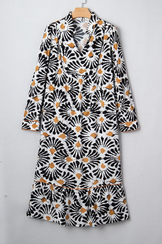 Abstract Floral V-Neck Long Sleeve Maxi Dress