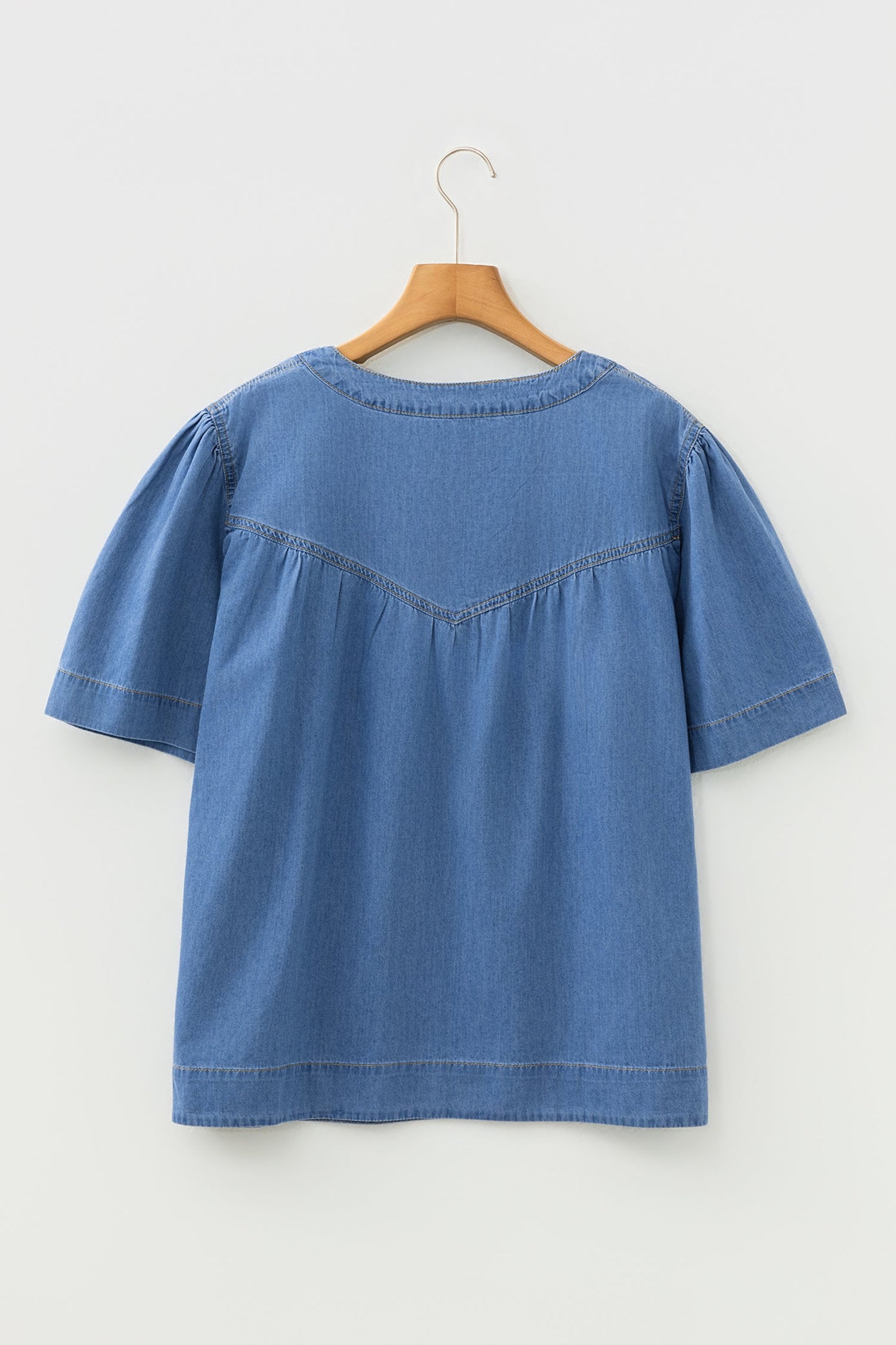 Denim Pleated Half Buttoned Short Sleeve Top
