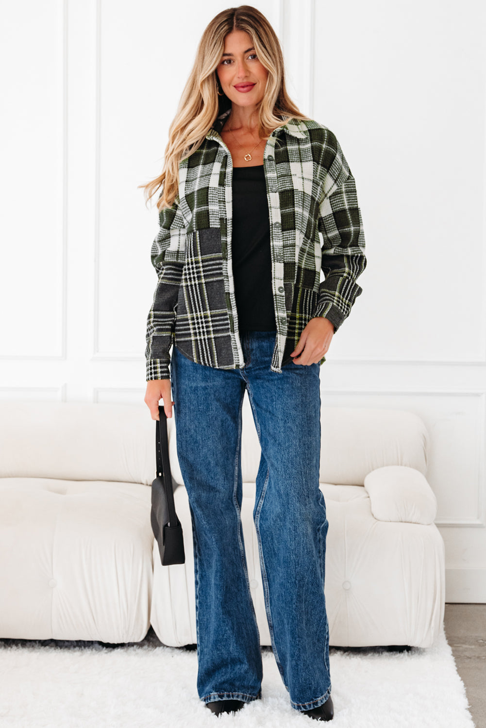 Plaid Textured Knit Button-Up Shacket