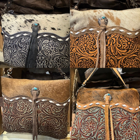 BA2822 Tooled Concho Cowhide Purse