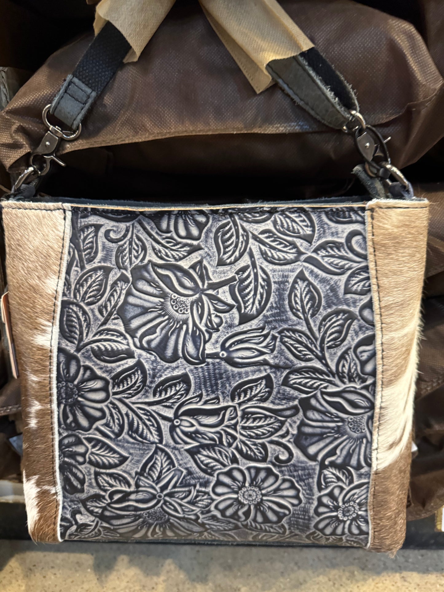 BA2826 Center Floral Tooled Cowhide Handbag