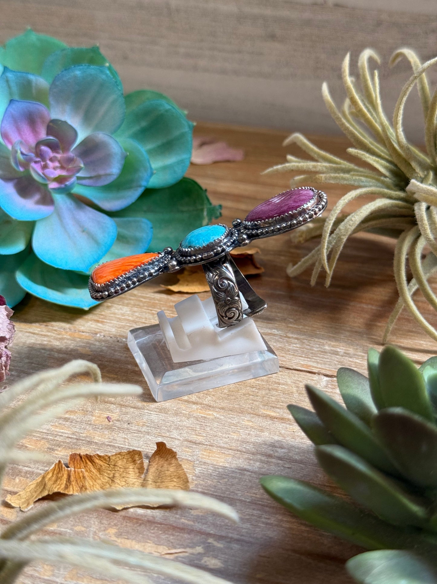 MJ Ring - Three Stone Turquoise & Spiny Oyster Ring