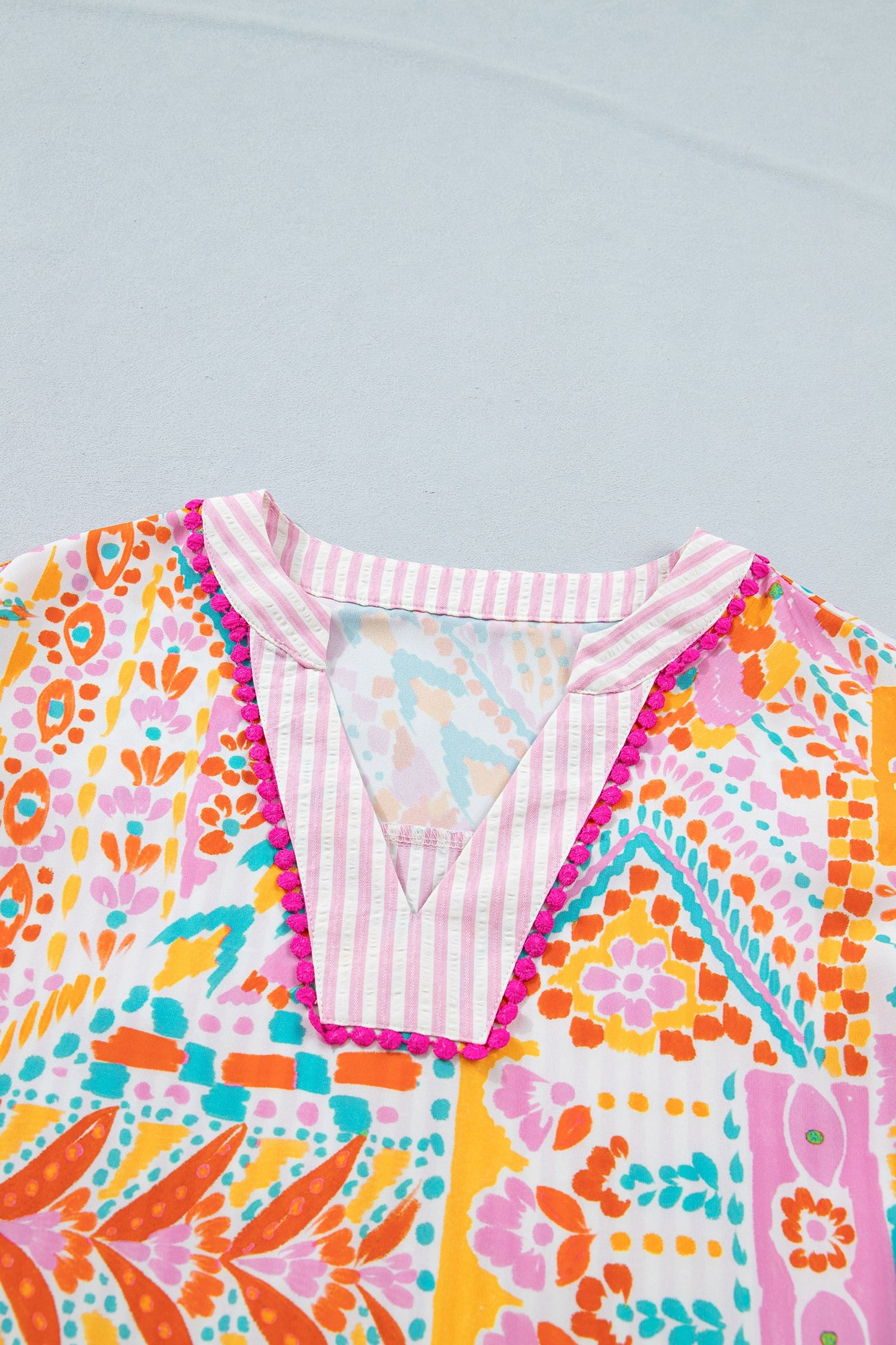 Boho Contrast Trim Patchwork Tiered Short Sleeve Blouse