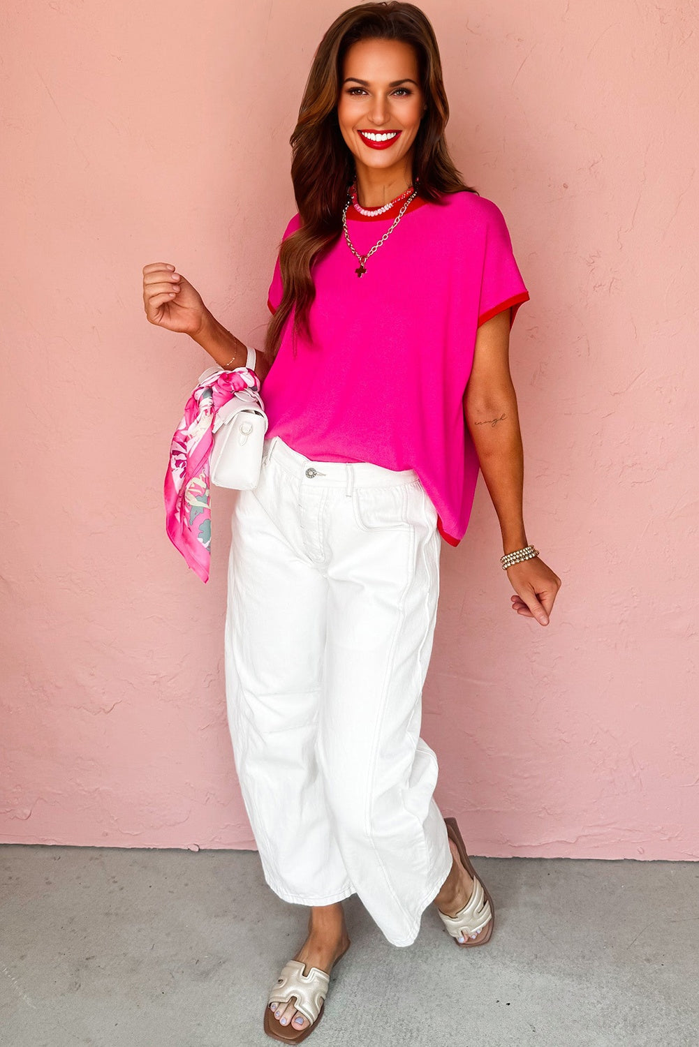 Contrast Trim Crewneck Short Sleeve Sweater