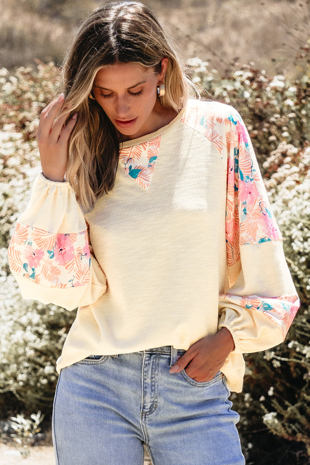 Floral Patchwork Balloon Sleeve Textured Blouse