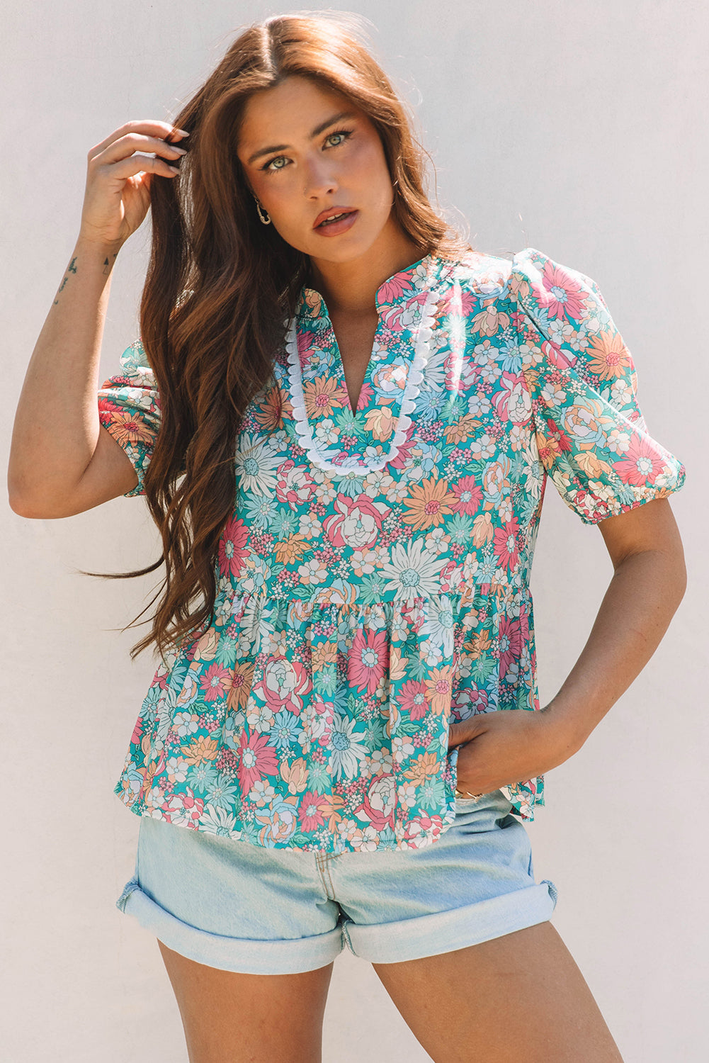 Floral Notched Neck Puff Short Sleeve Blouse
