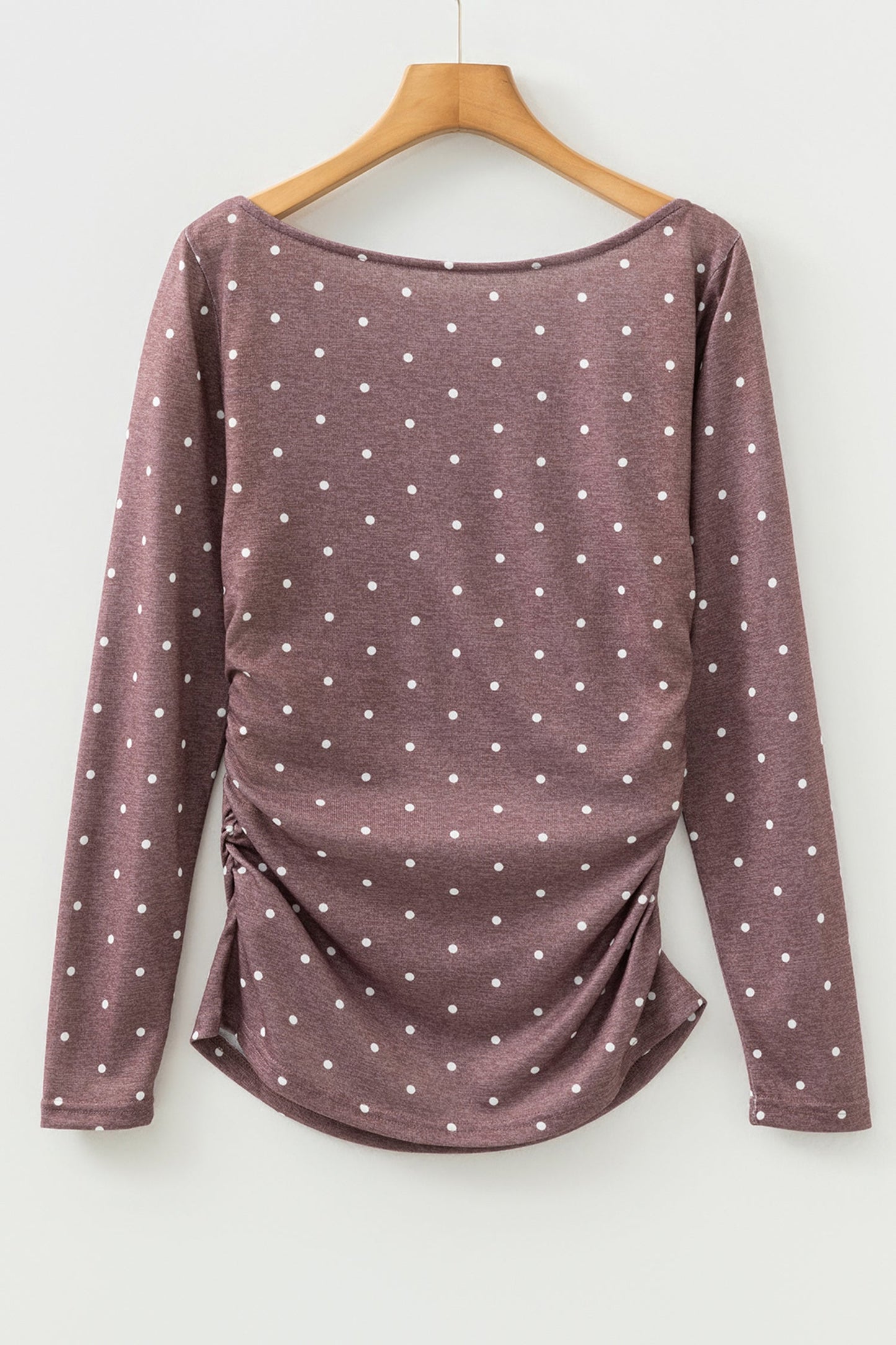 Polka Dot Boat Neck Long Sleeve Ruched T-Shirt