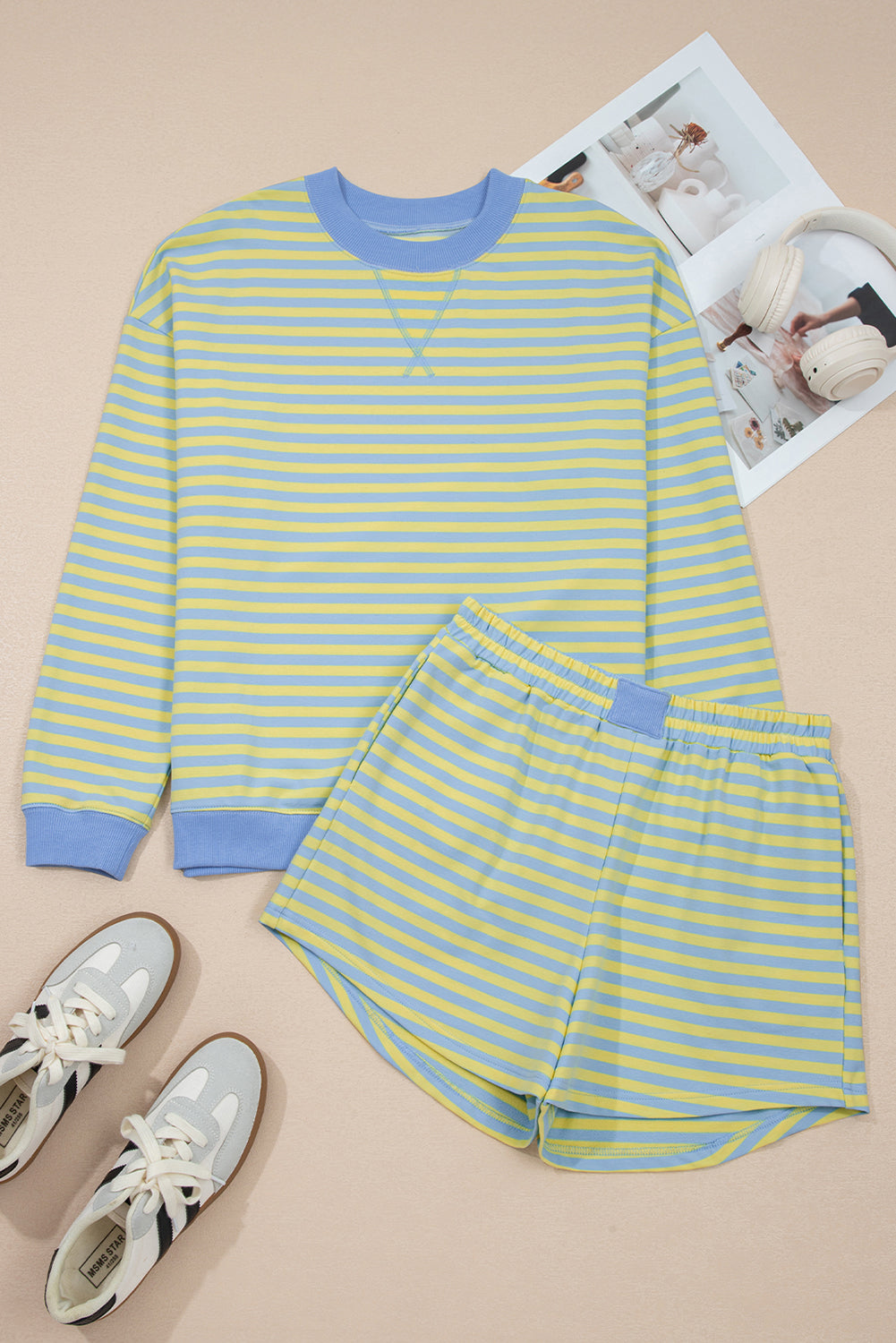 Stripe Colorblock Pullover & Pull-On Shorts Set