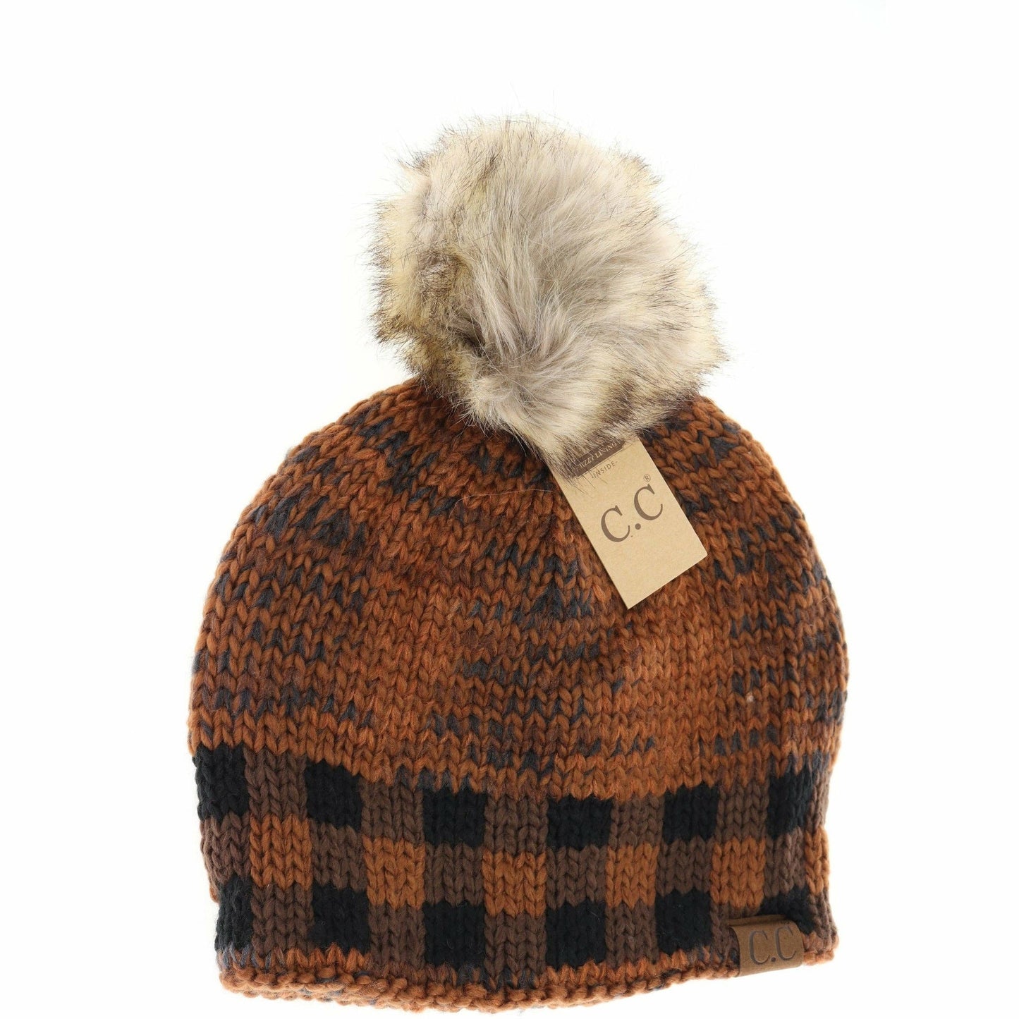 Buffalo Check Mixed Print Fur Pom C.C Beanie HAT2083