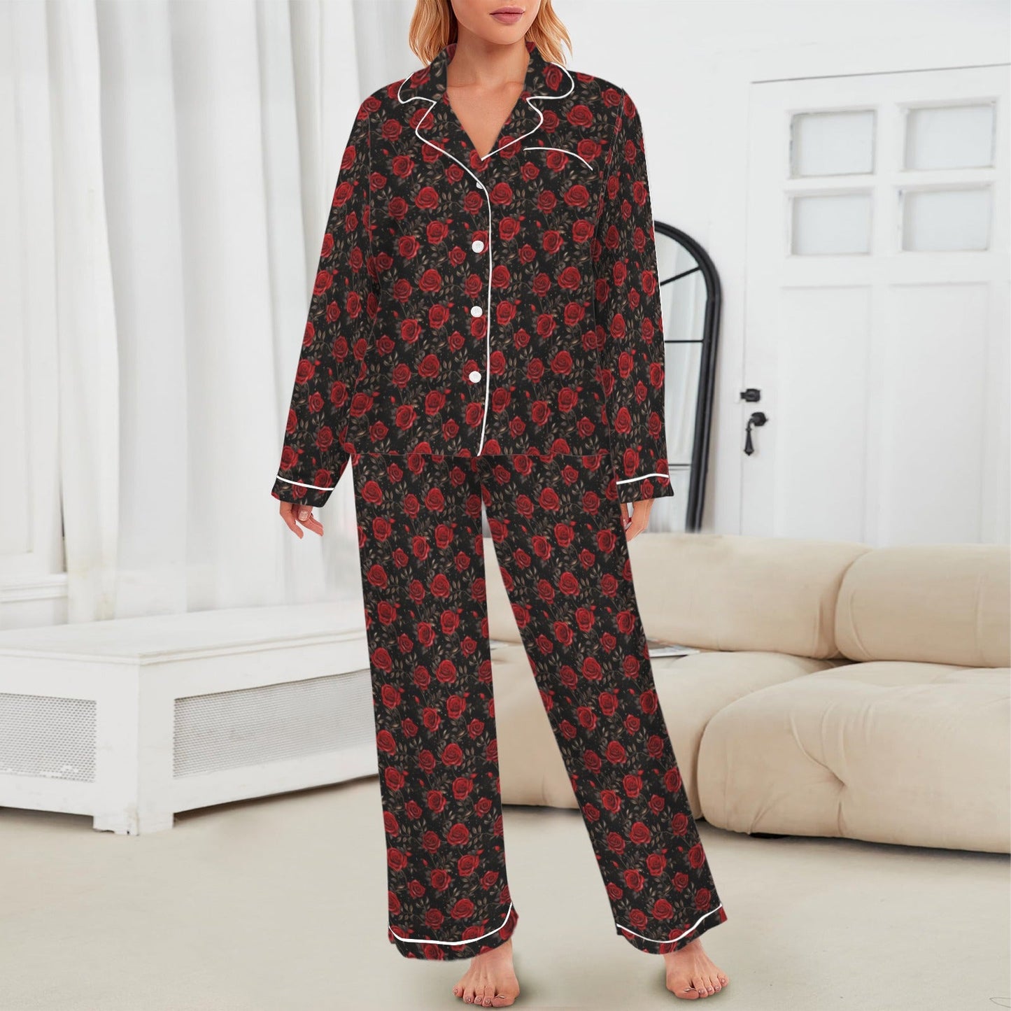 Colores De Mexico Red Roses Satin Pajama Set