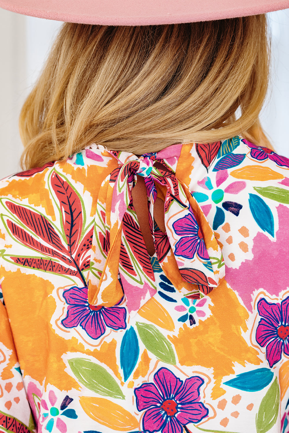 Floral Lace Trim 3/4 Sleeve Tie-Back Mini Dress