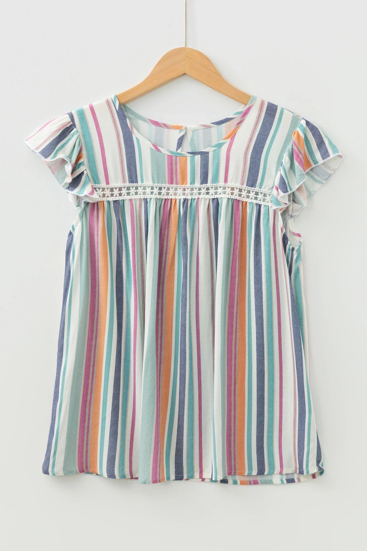Lace Hollow-Out Flutter Sleeve Stripe Blouse