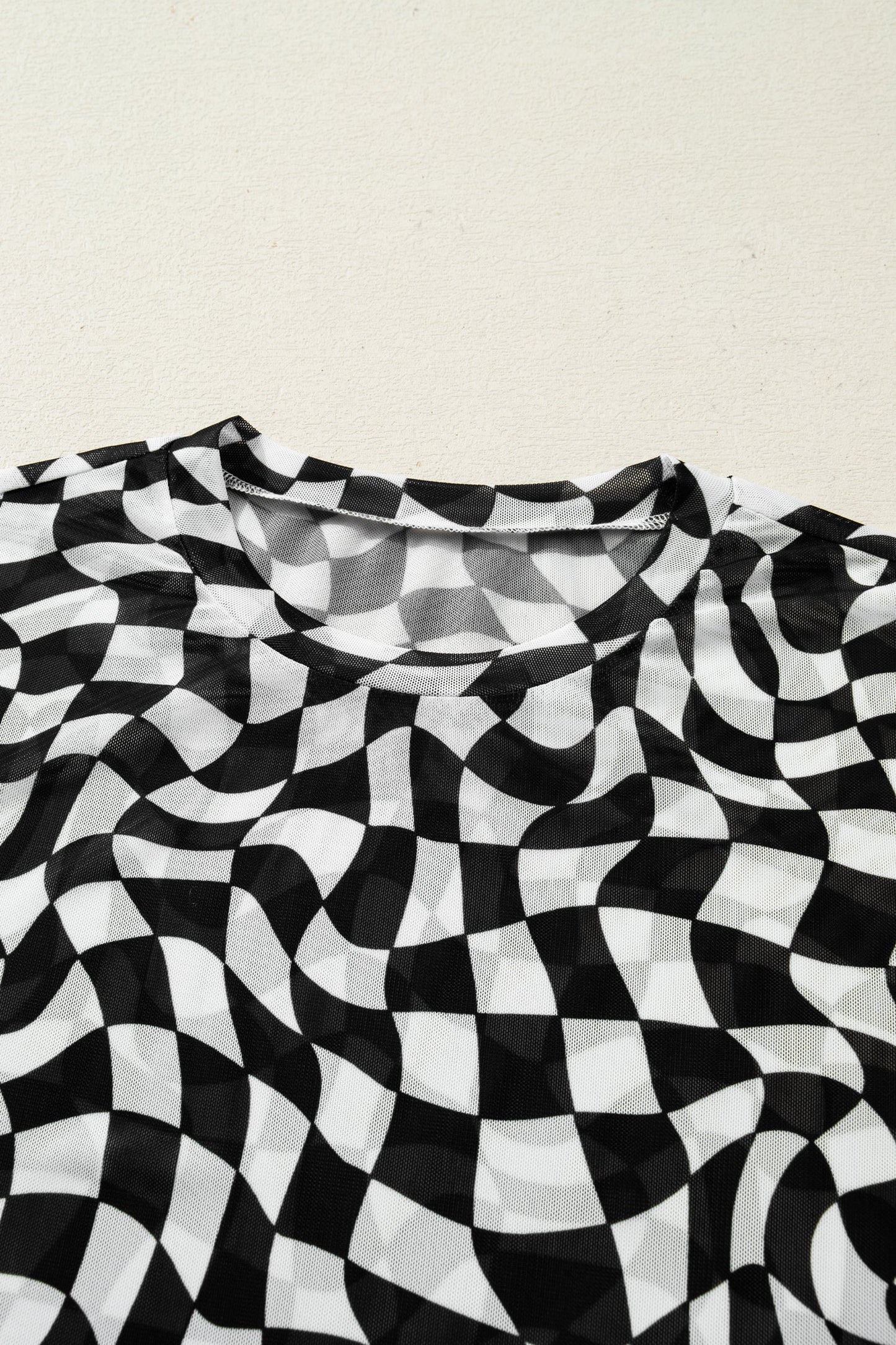 Checker Mesh Mock Neck Short Sleeve T-Shirt