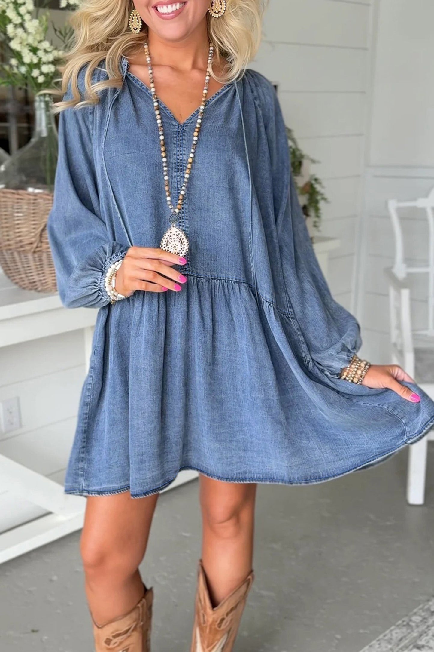 Denim Puff Sleeve Tie V-Neck Ruffle Dress