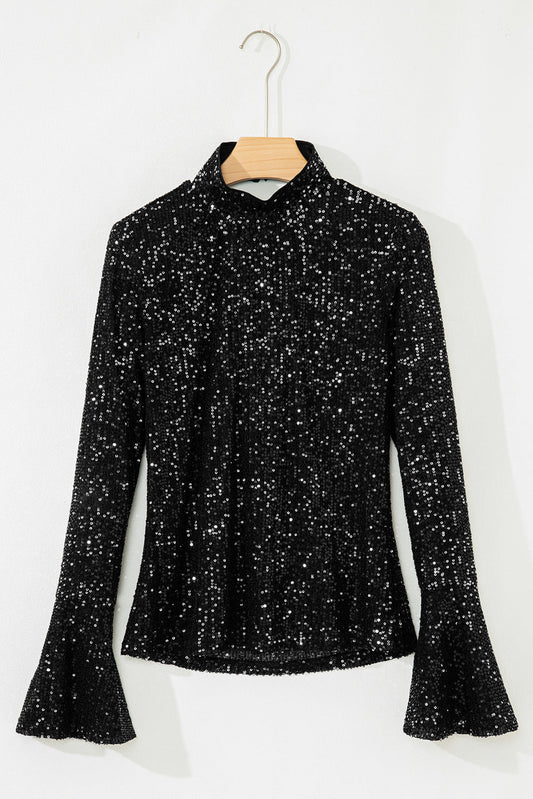 Solid Sequin Backless Bell Sleeve Top