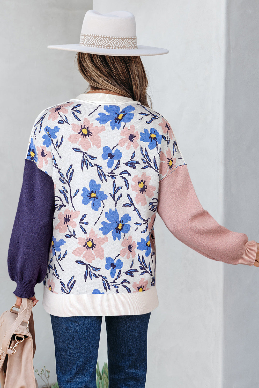 Floral Panel Colorblock Sleeve Crewneck Sweater