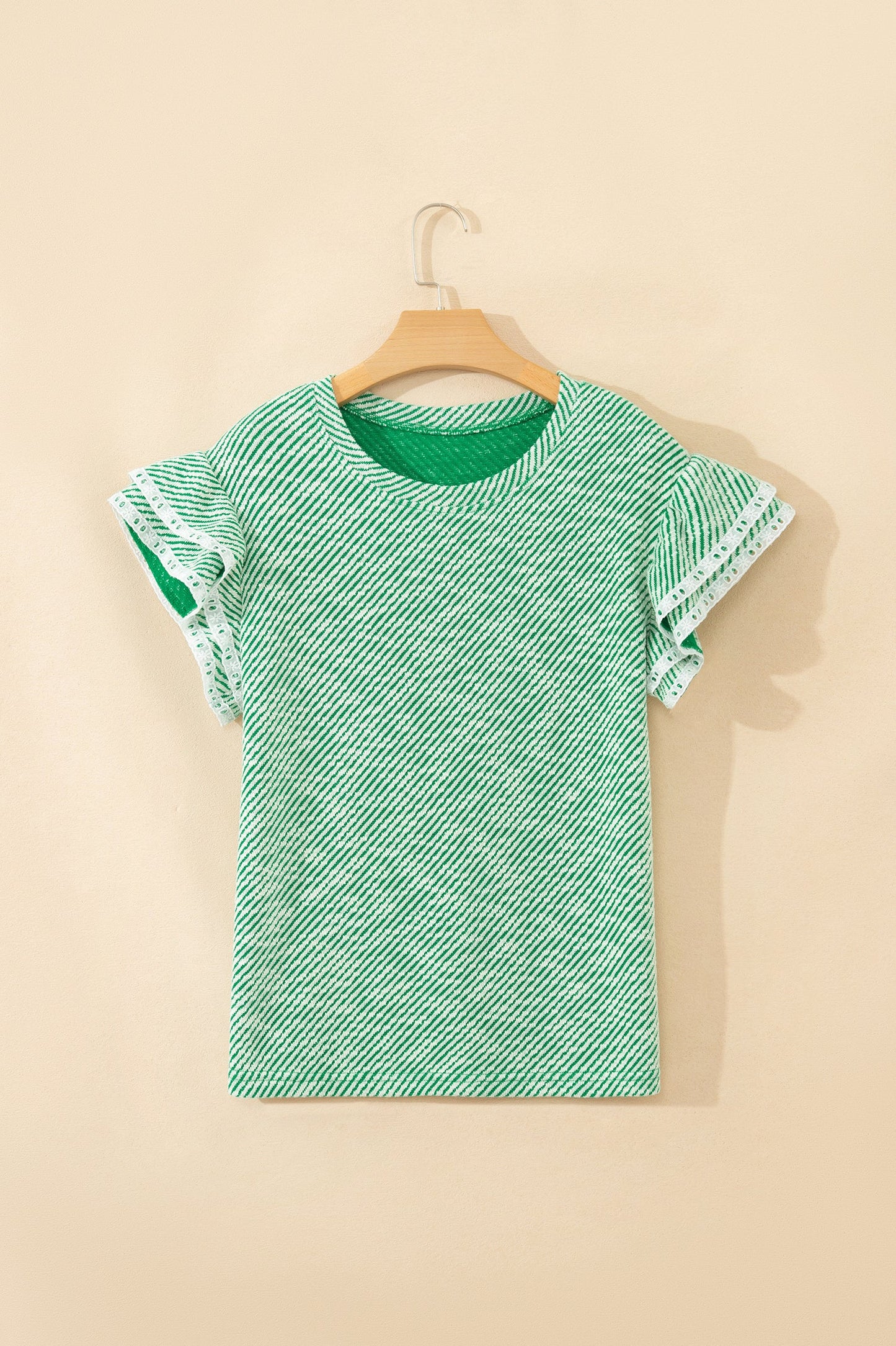 Stripe Twill Ruffle Lace Short Sleeve Blouse