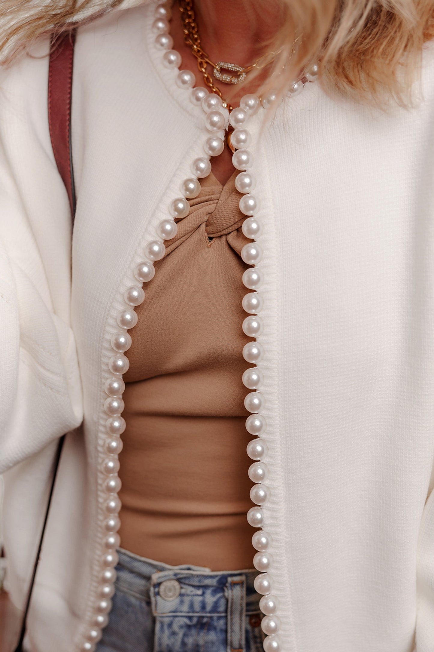 Pearl Embellished Open-Front Cardigan