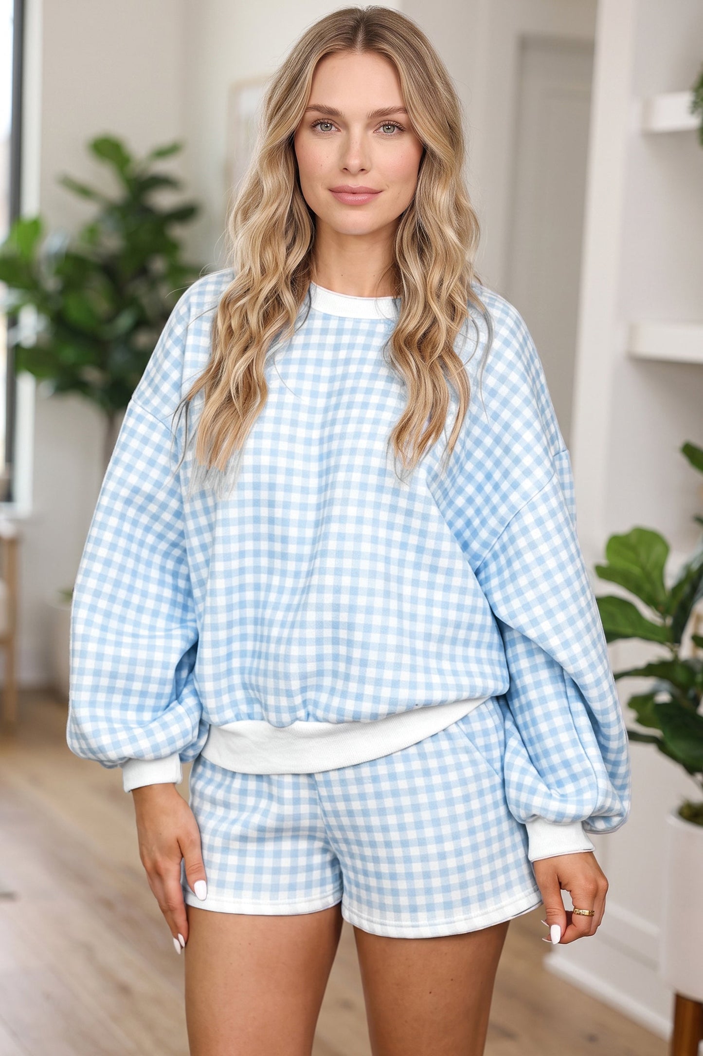 Gingham Contrast Trim Pullover Top & Shorts Set