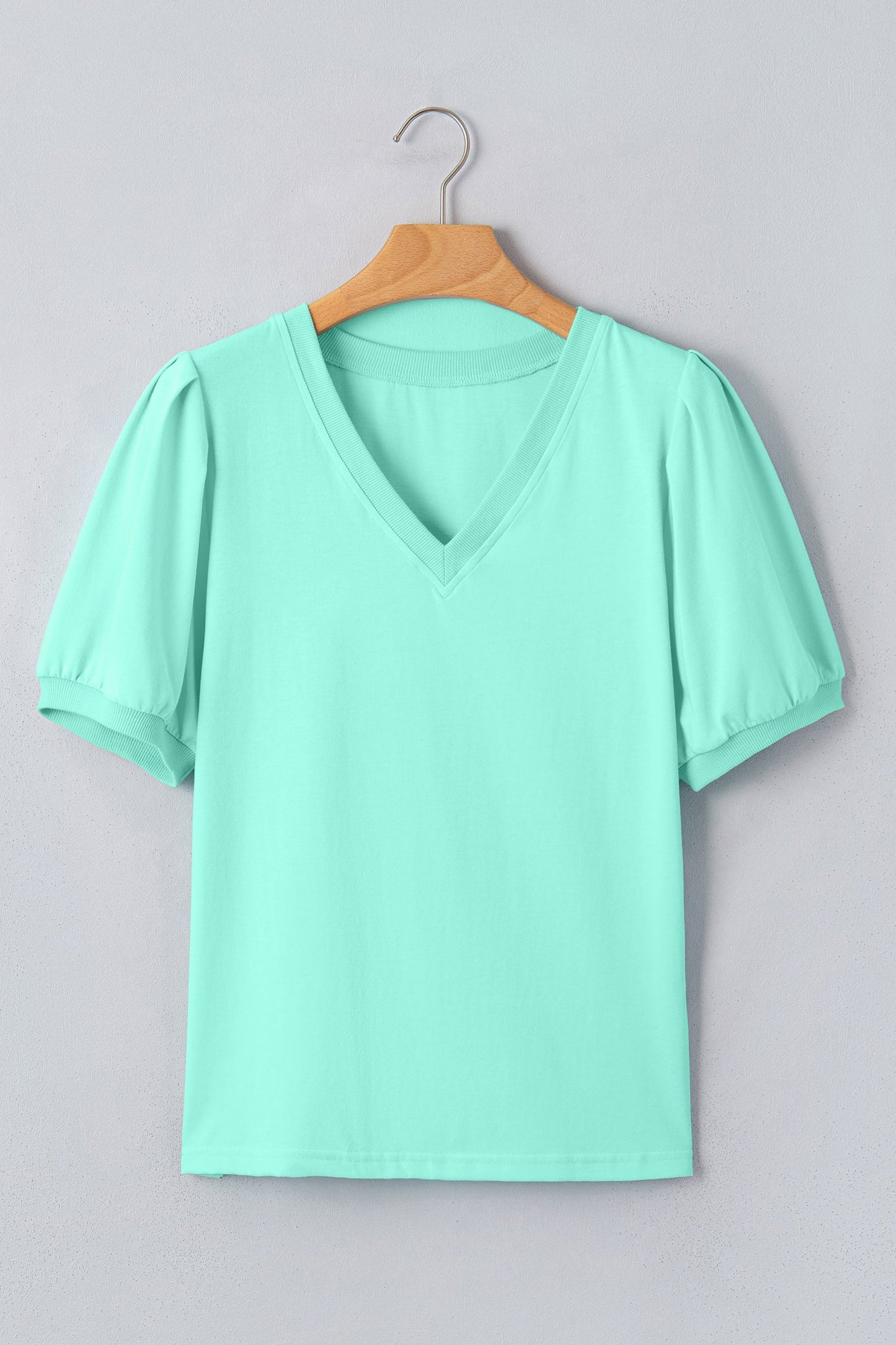 Solid V-Neck Short Puff Sleeve Blouse
