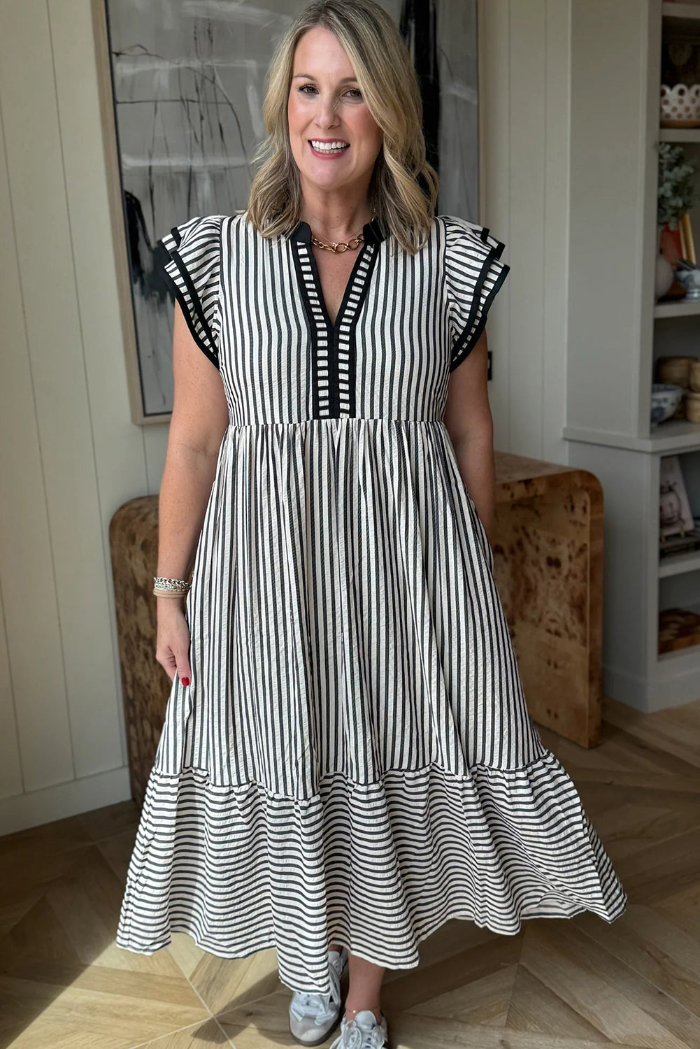 Stripe Ruffle Short Sleeve V-Neck Midi Dress