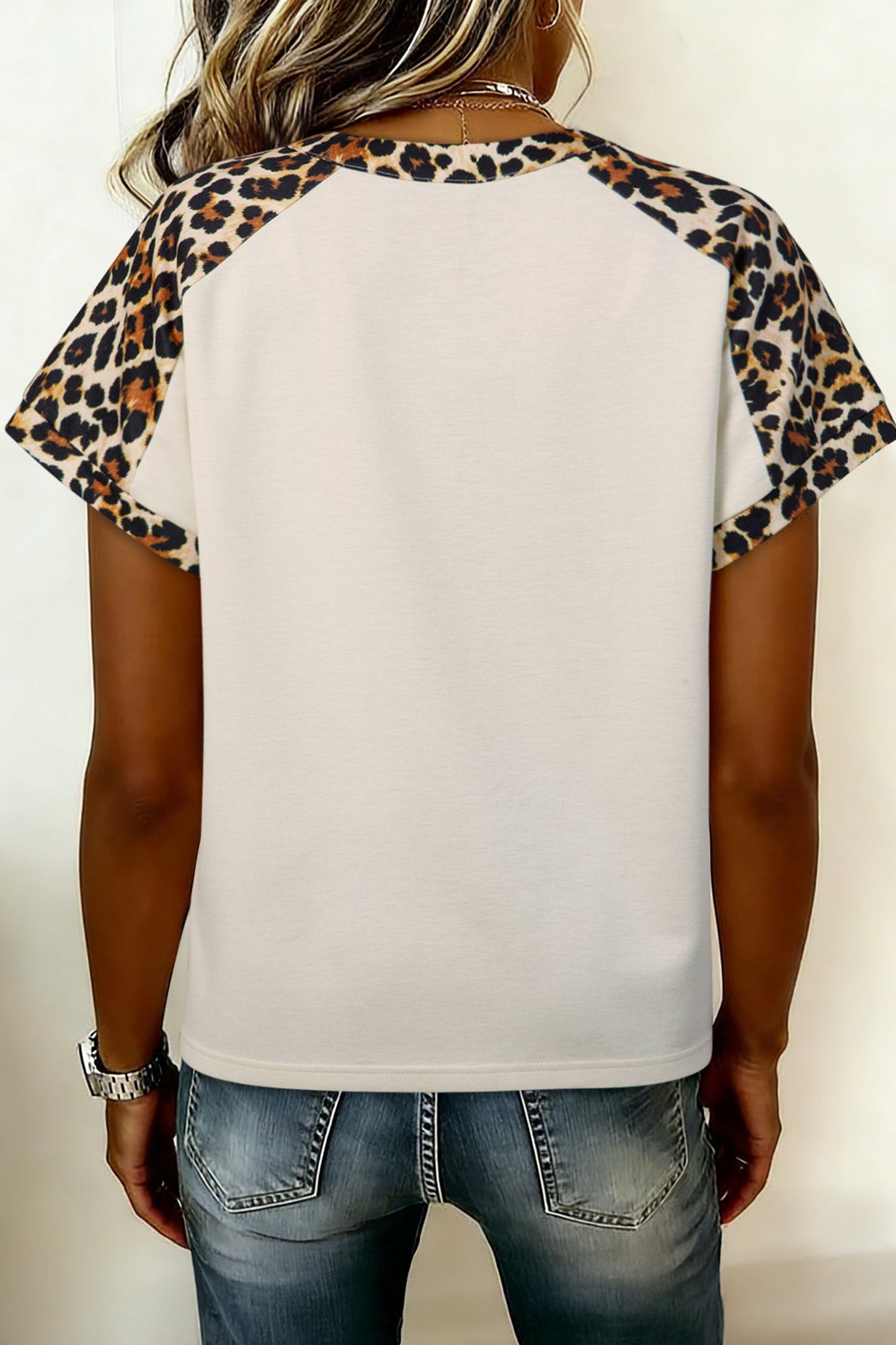 Leopard Patchwork Half-Button Short-Sleeve Top