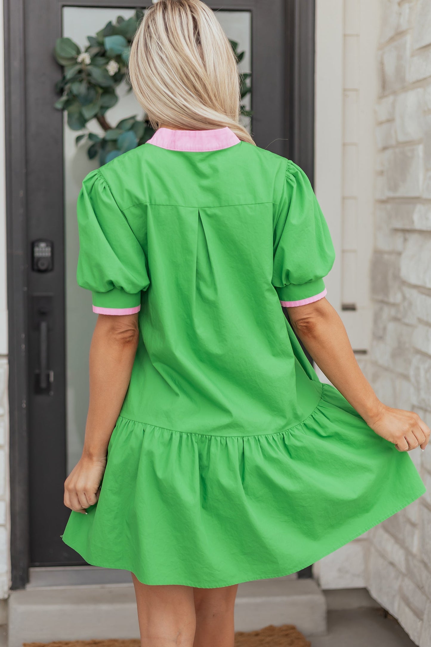 Colorblock Split Neck Puff Sleeve Mini Dress