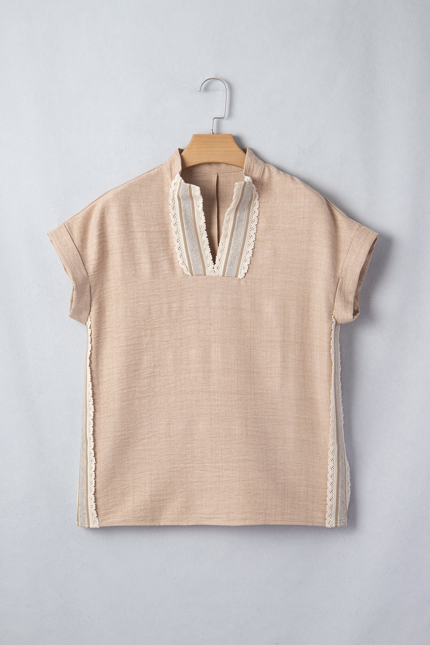 Crochet Lace Trim Rolled Short Sleeve Blouse
