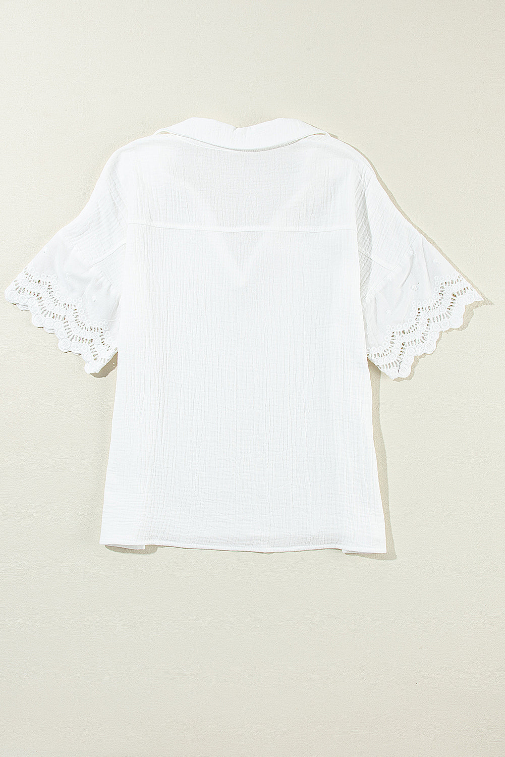 Lace Crinkled Sleeve Collar V-Neck Blouse