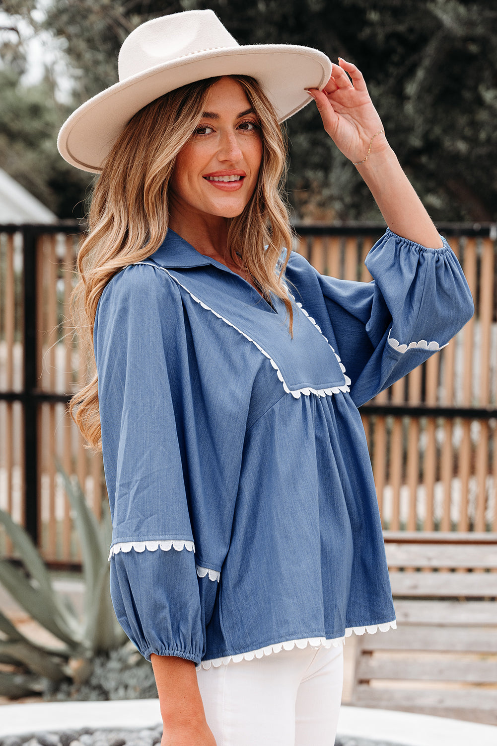 Solid Lace Ric-Rac 3/4 Sleeve Babydoll Blouse