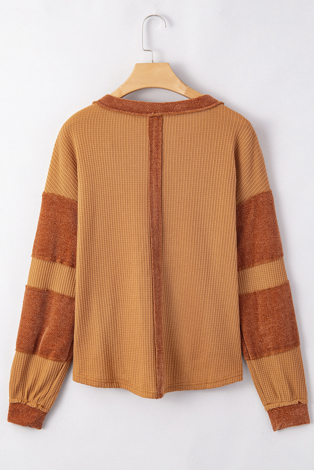 Colorblock Waffle Knit Exposed Seam Long Sleeve Top