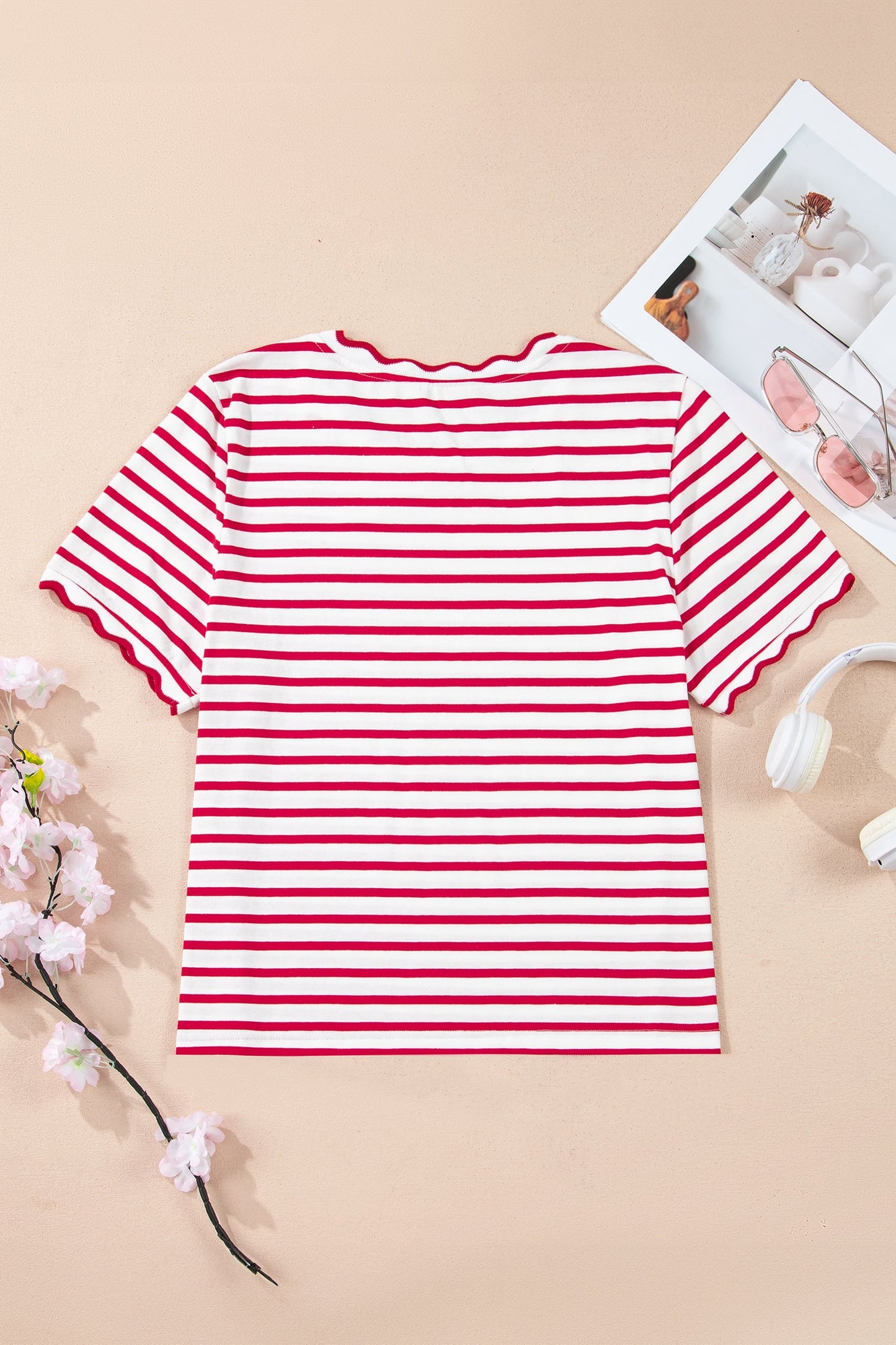 Stripe Scallop Trim Round Neck T-Shirt
