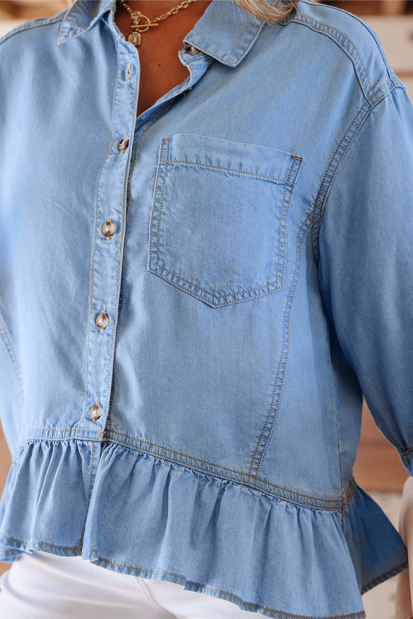 Denim Chambray Ruffle 3/4 Sleeve Buttoned Shirt