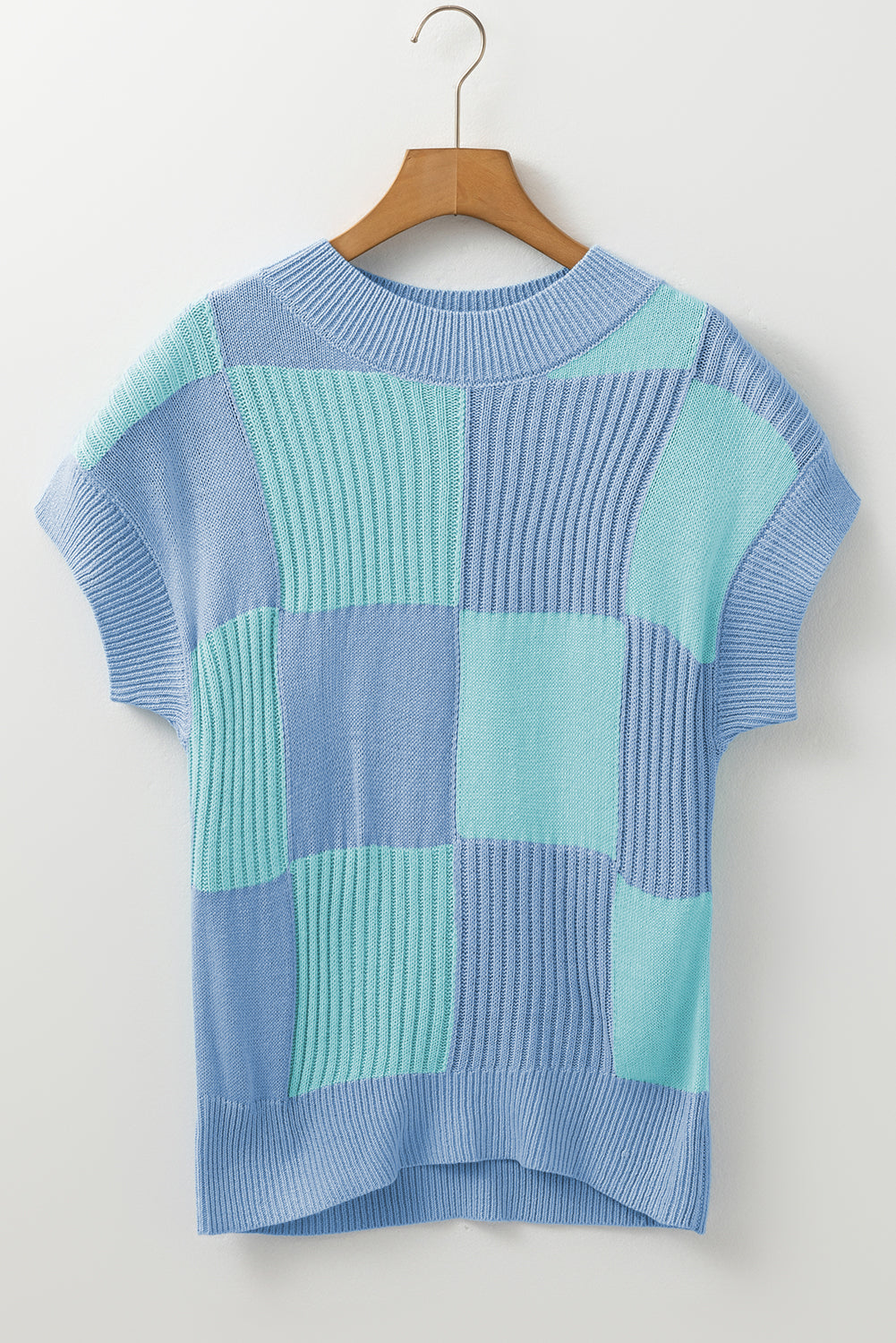 Checker Colorblock Crewneck Short Sleeve Sweater