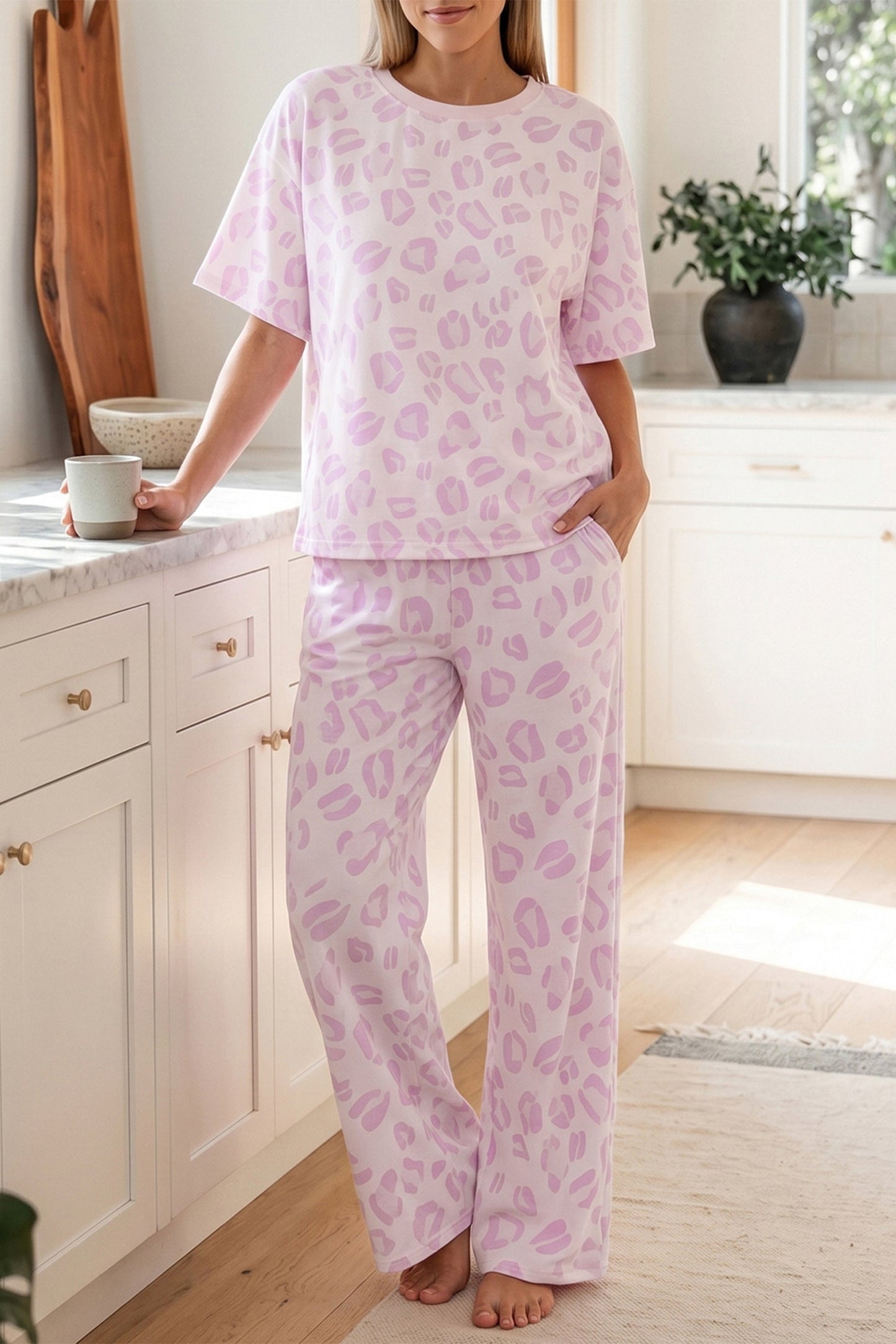 Leopard Short Sleeve Top and Pants Set